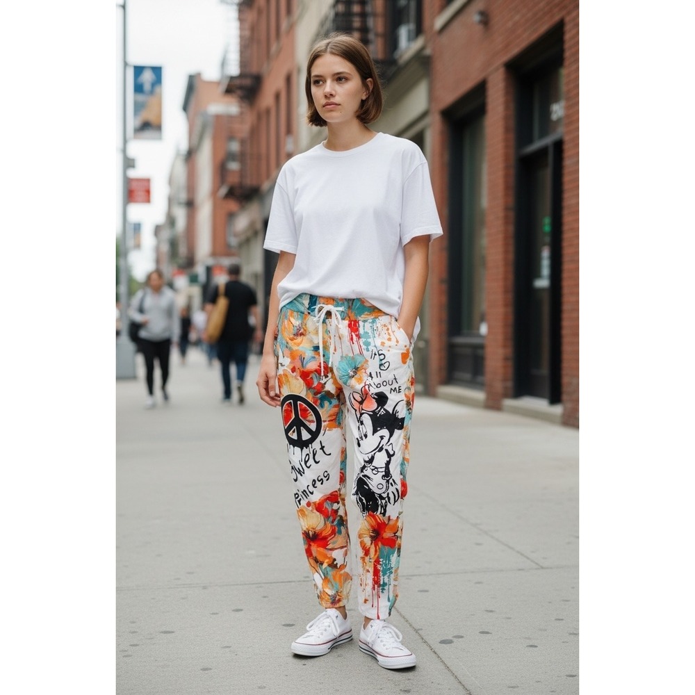 Brand Bazar Italy Floral Graffiti Minnie Mouse Joggers White CS20002 Size M - Picture 8 of 8